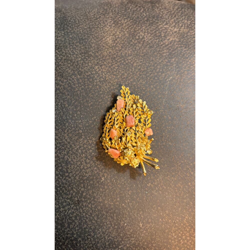 Vintage Gold Tone Floral Brooch with Coral Nuggets & Clear Rhinestones from MCM